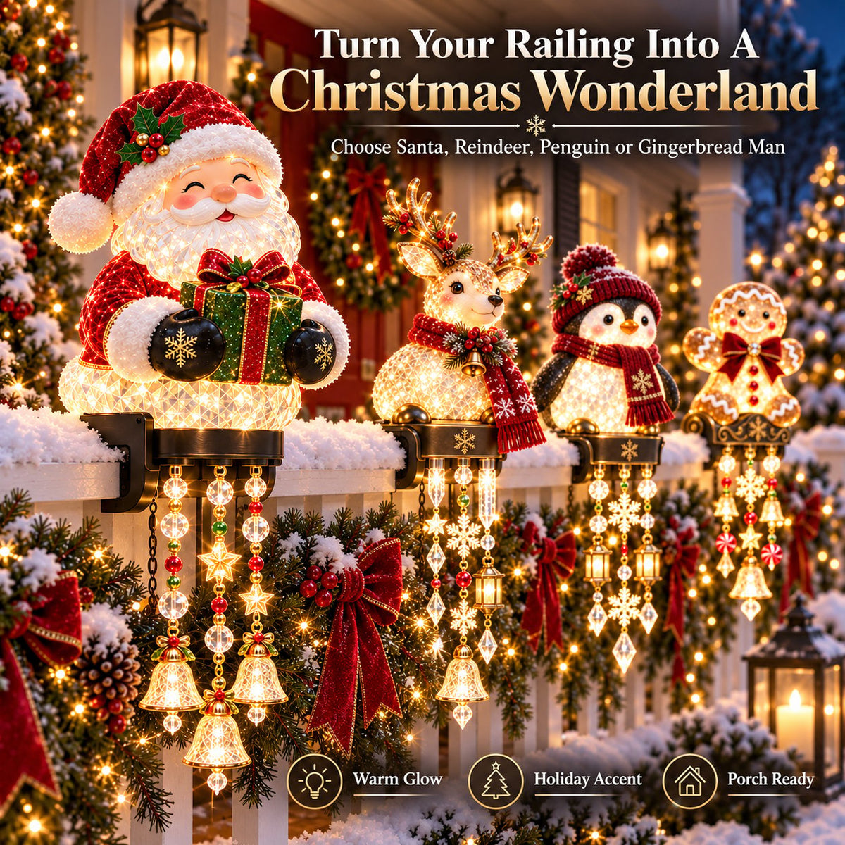 🎄 Christmas Character Railing Lights – Glowing Holiday Porch Decor